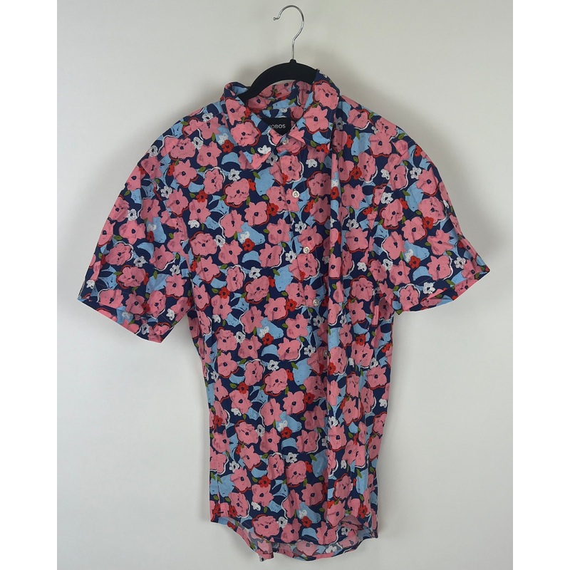 MENS Navy Collared Shirt With Pink and Red Floral Pattern – Medium