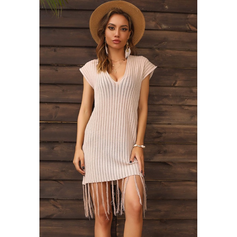 Perfee Fringe Hem Short Sleeve Deep V Cover Up Dress Cream S