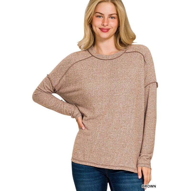 Zenana Full Size Melange Hacci Exposed Seam Hi-low Tee Plus Size BROWN S/M