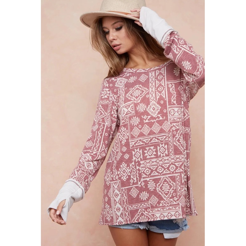 BiBi Aztec Print French Terry Top with Thumb Opening BURGUNDY COMBO S
