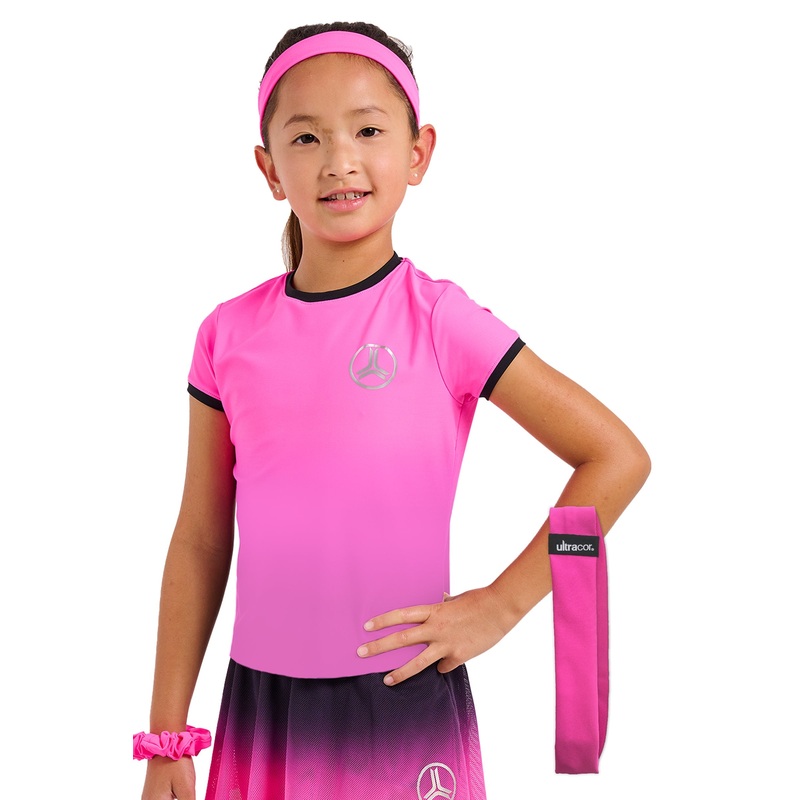 MATCH GIRLS SHORT SLEEVE RINGER TENNIS TOP & HEADBAND NEON PINK-NERO XXS