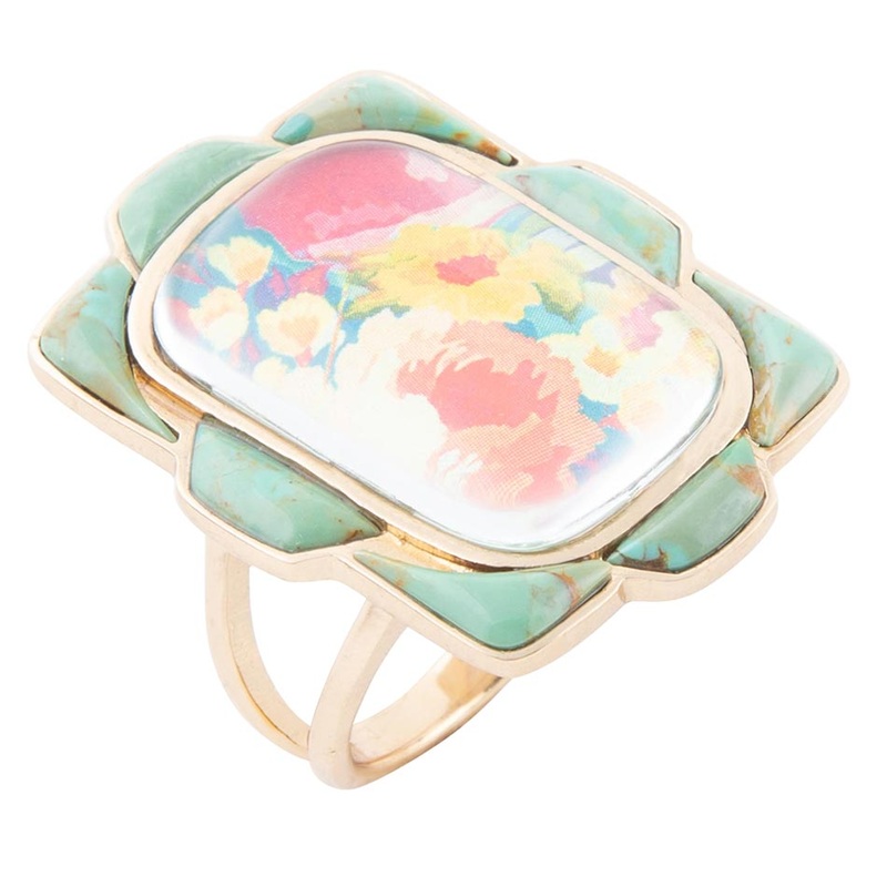 Scenic Floral Blue Turquoise Golden Ring 7