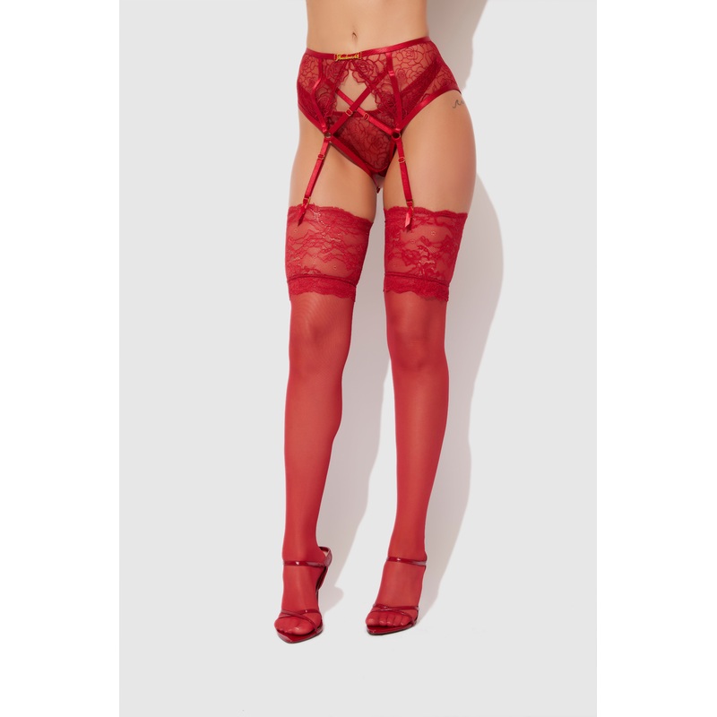 Thigh High Sheer Stayups With Tall Lace Band Crimson Red OS