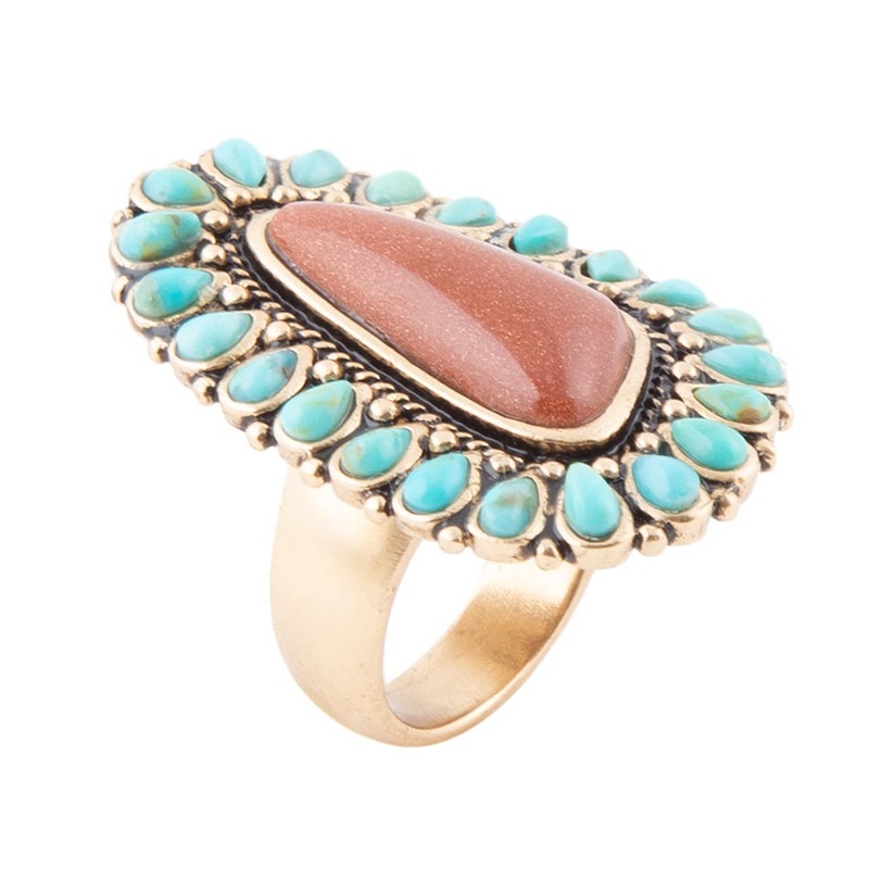 Sedona Blue Turquoise Orange Goldstone Golden Statement Ring 7