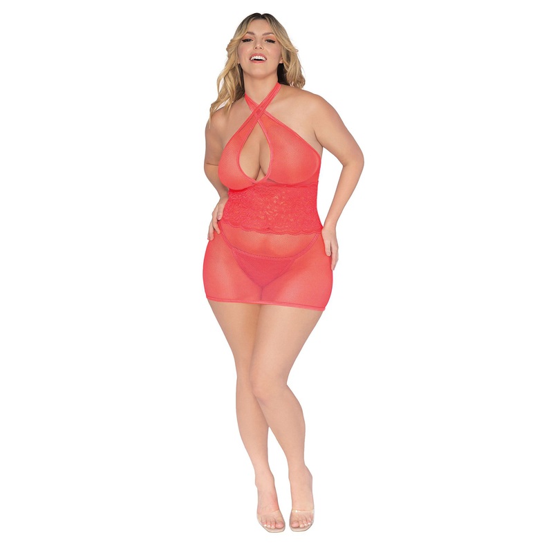 Stretch Fishnet and Scalloped Stretch Lace Chemise – Queen – Coral