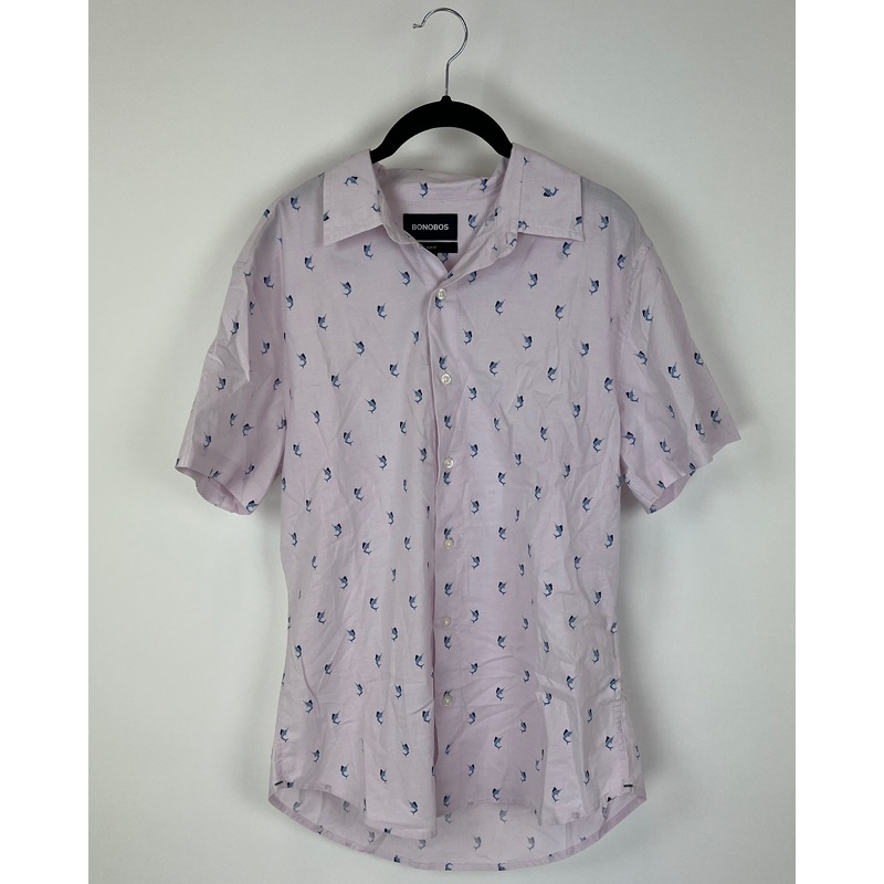 MENS Blue Swordfish Button Up Short Sleeve Shirt – Medium