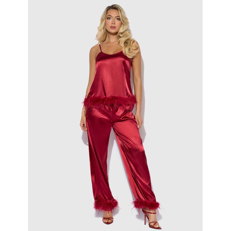 Scarlett Satin Sleep Cami & Long Pant With Feather Trim Crimson Red S