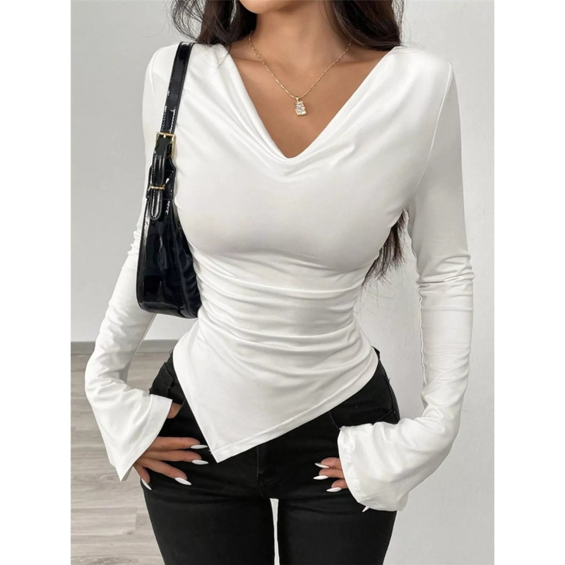 Asymmetrical Long Sleeve Fitted T-Shirt White S
