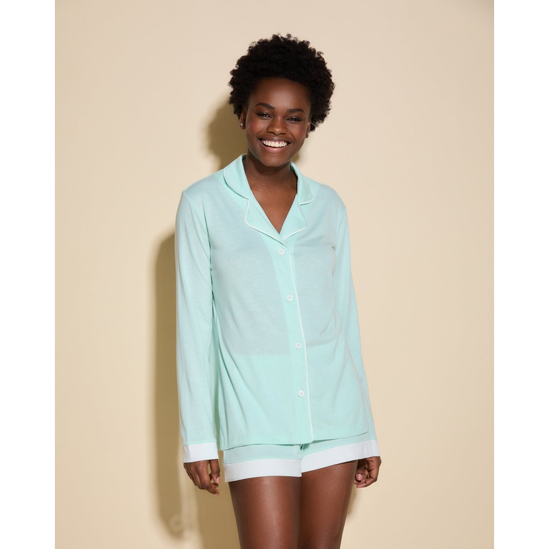 Conjunto De Pijama Con Camisa De Manga Larga Y Pantalones Cortos Lagoon Mint/Ivory XS