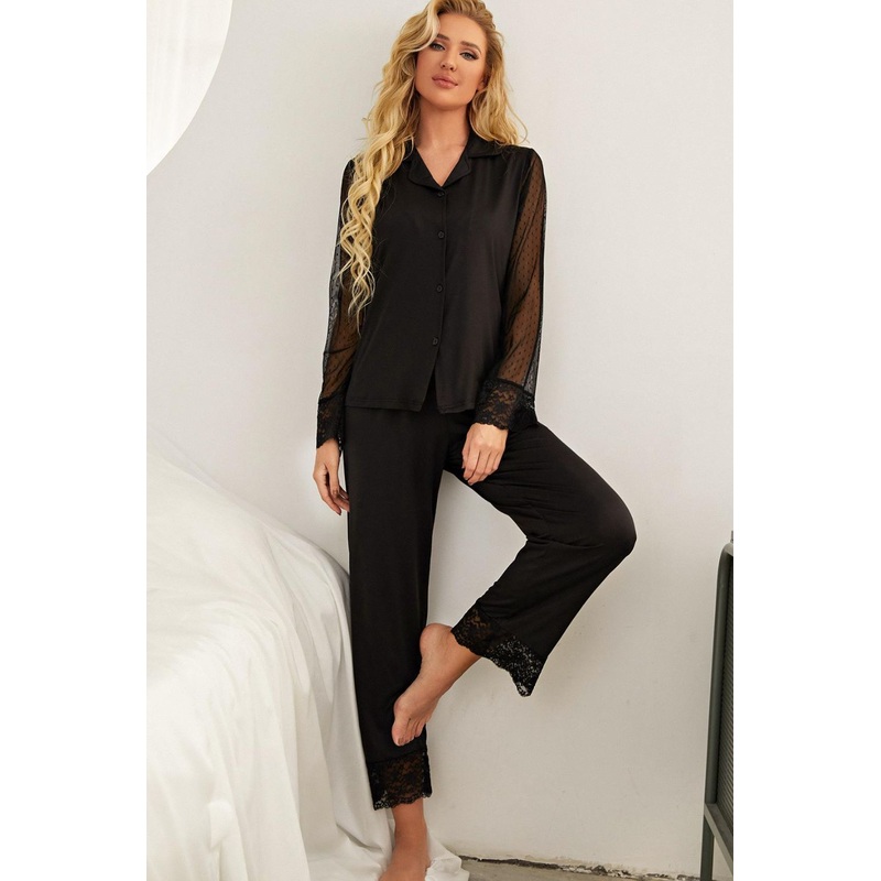 Spliced Lace Lapel Collar Pajama Set Black S