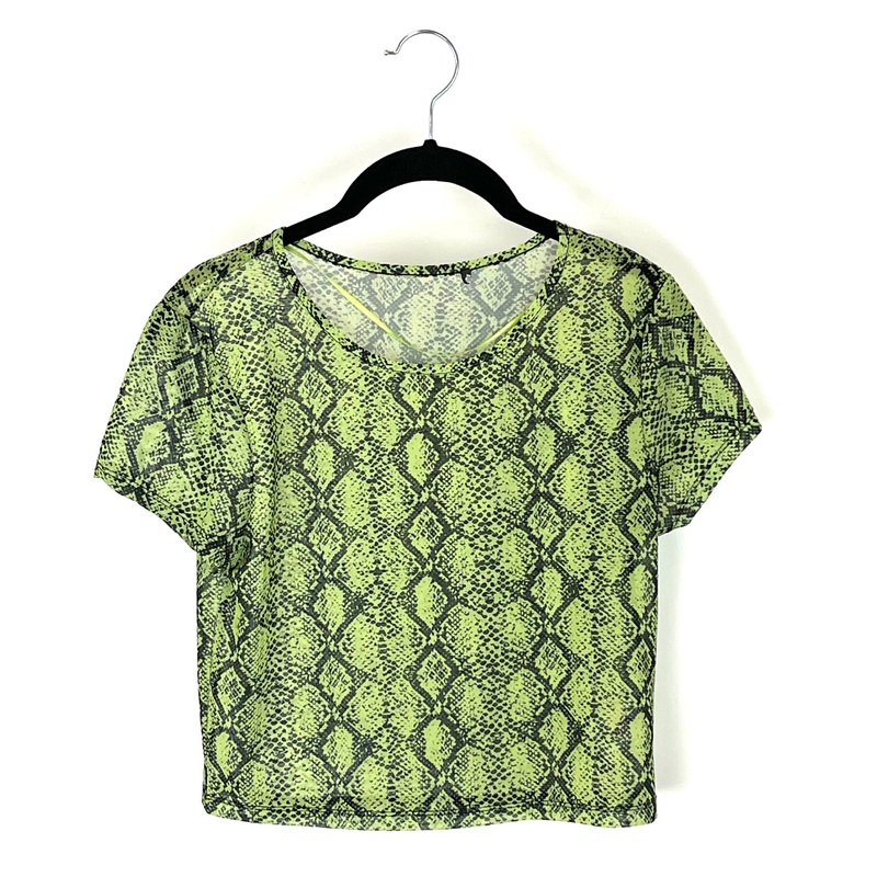 Green Snake-Print Mesh Cropped Top – Small