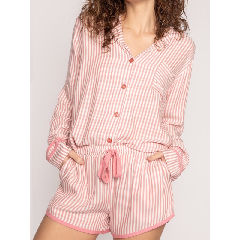 Striped Collared Neck Long Sleeve Top and Shorts Lounge Set Pale Blush S