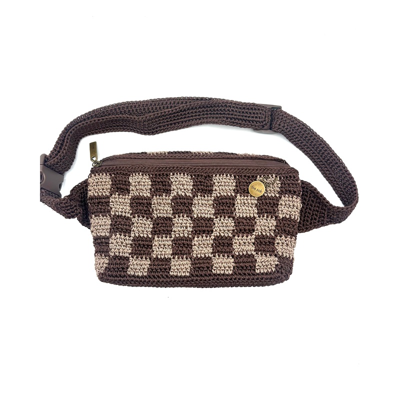 Brown Checkered Crochet Belt Bag