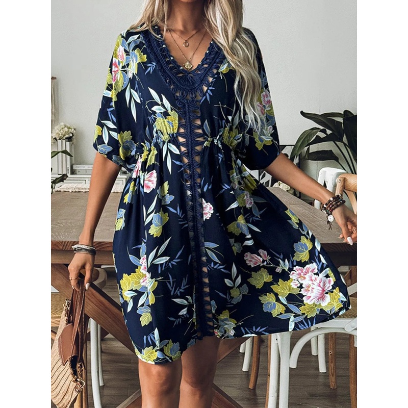Crochet Front V-Neck Printed Cover-Up Dark Blue One Size