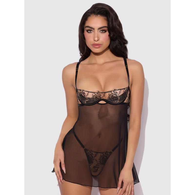 Delfina Embroidered Mono Wire Babydoll Black/Taupe S