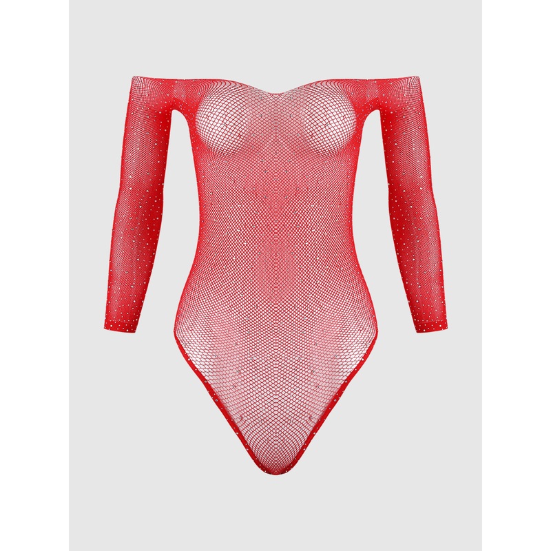 Fine Fishnet & Rhinestone Long Sleeve Teddy Bodystocking Jester Red OS