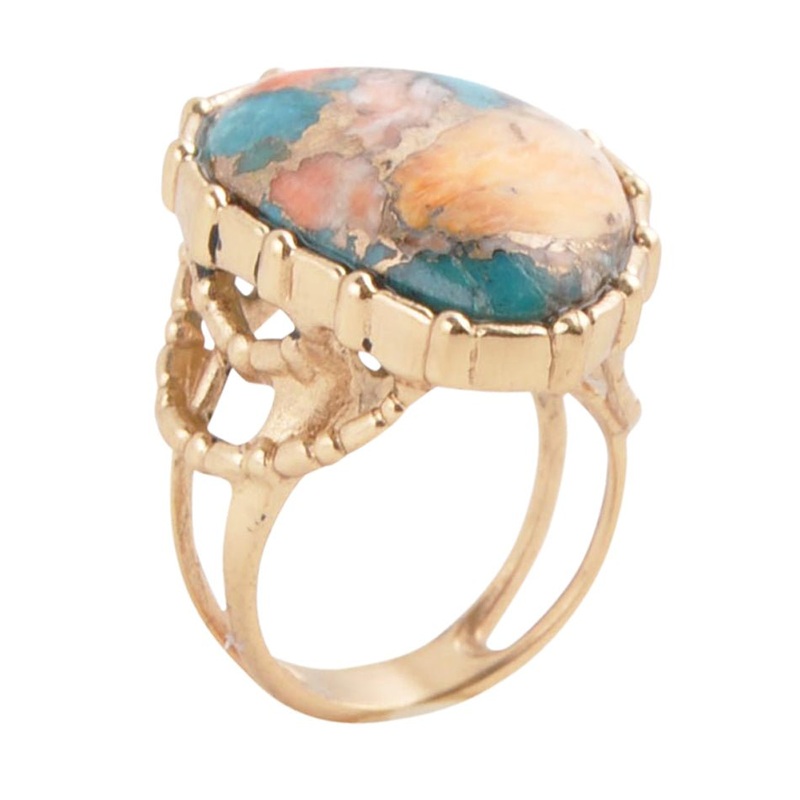 Modern Edge Turquoise and Spiny Oyster Shell Matrix Stone Golden Ring 5
