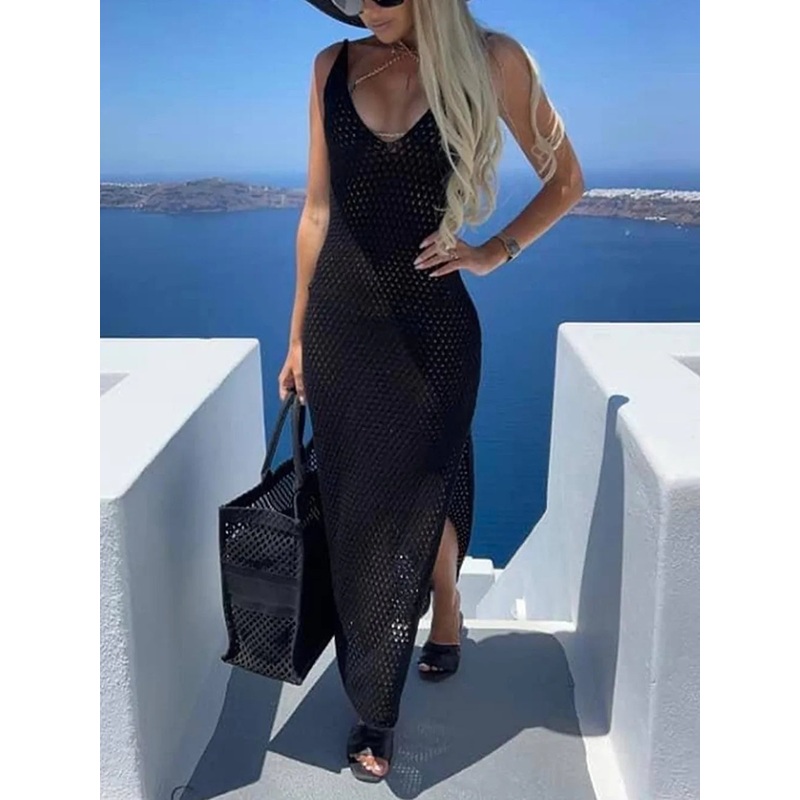 Slit Openwork V-Neck Sleeveless Cover Up Black S