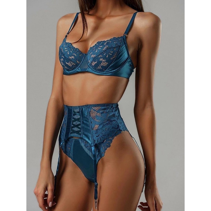 Blue  Lace Satin Mesh Push-Up Sexy Lingerie Set BLUE S