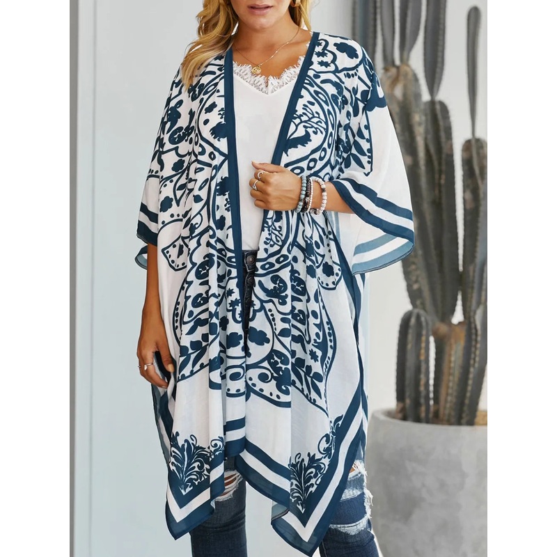 Printed Open Front Cover-Up White One Size