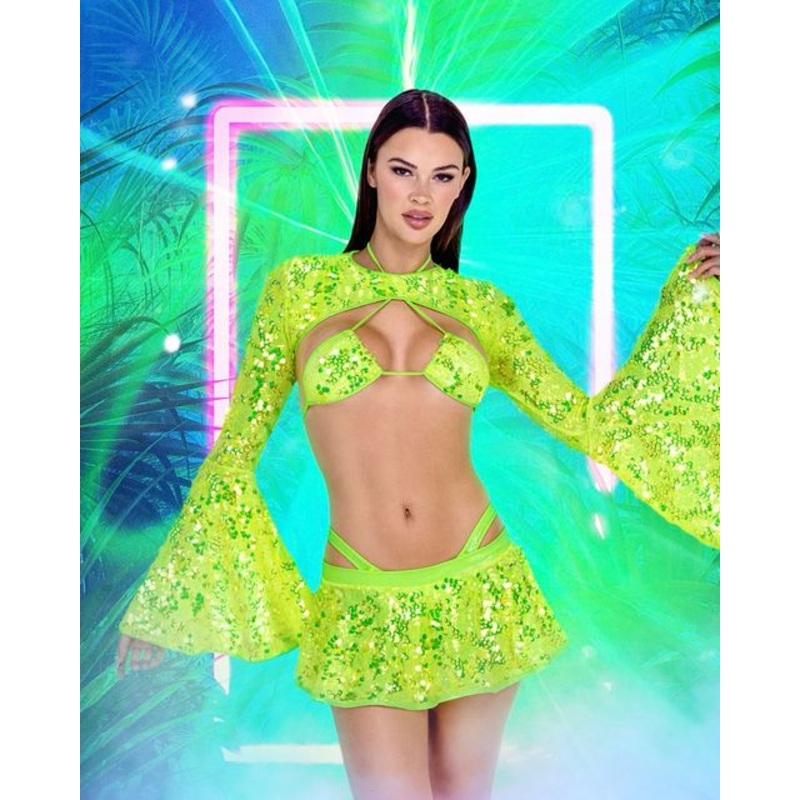 Sparkle & Shine: Sequin Bell Sleeve Shrug Small/Medium Neon Yellow