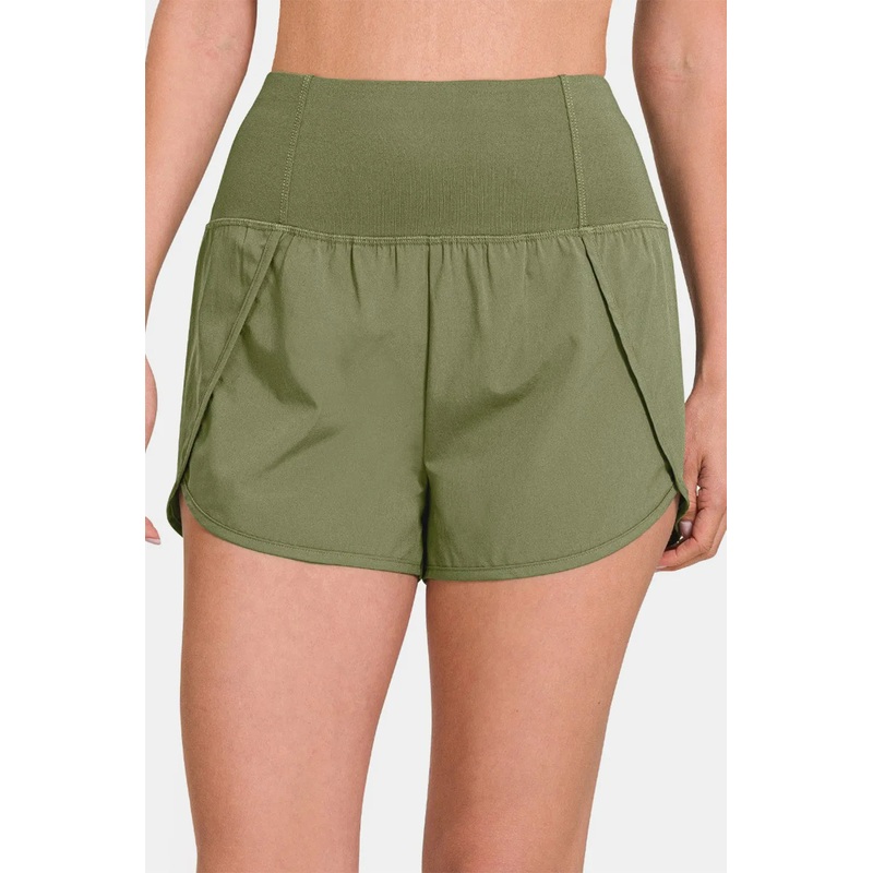 Zenana High-Waisted Zippered Back Pocket Active Shorts Lt Olive S