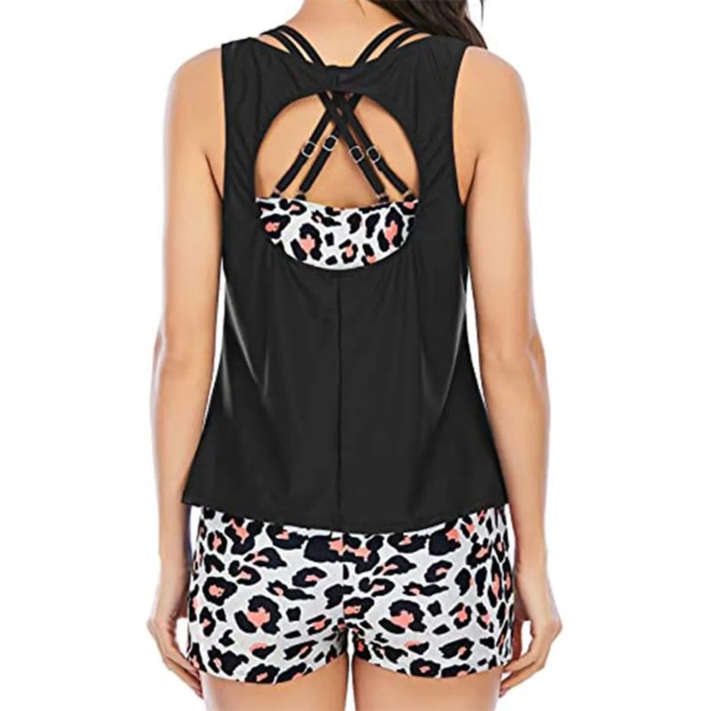 Cutout Printed Round Neck Three-Piece Swim Set Leopard S
