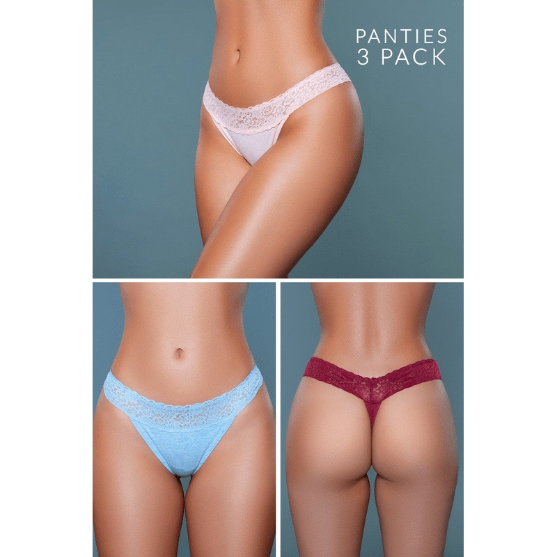 Myla Floral Lace Thong (3 Pack) Peach/Blue/Burgundy L