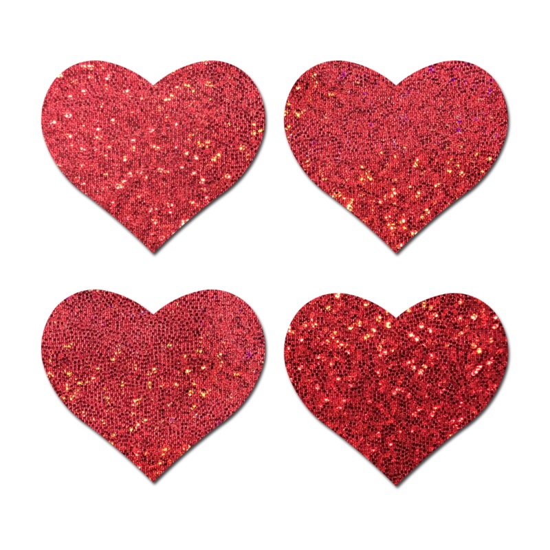 Petites: Two-Pair Small Red Glitter Hearts Nipple Pasties by Pastease Red