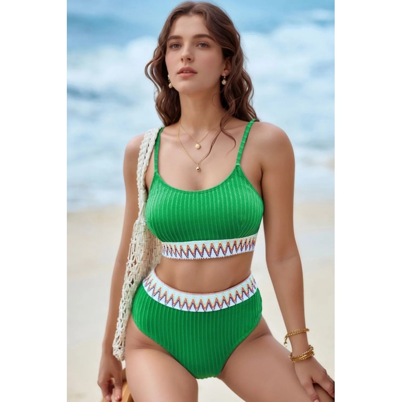 Textured Contrast Banding Bikini High Waist 2pcs Swimsuit Green XS