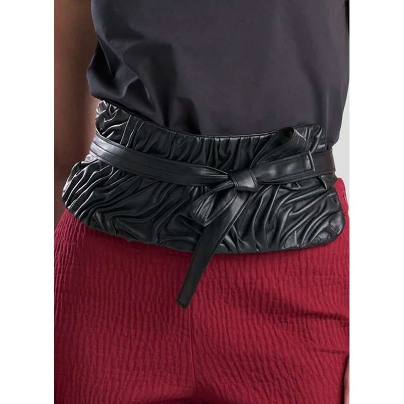 Vegan Luxe Lambskin Black Obi Belt with Texture Embroidery Black O/S