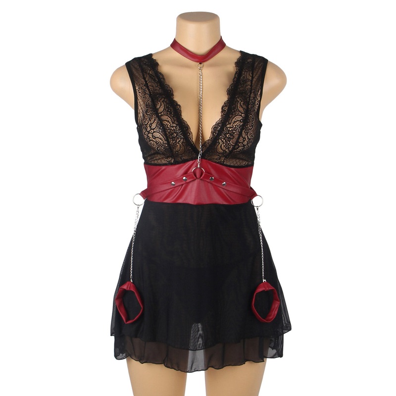 Black Mesh and Leather Chemise Black Extra Small/Small