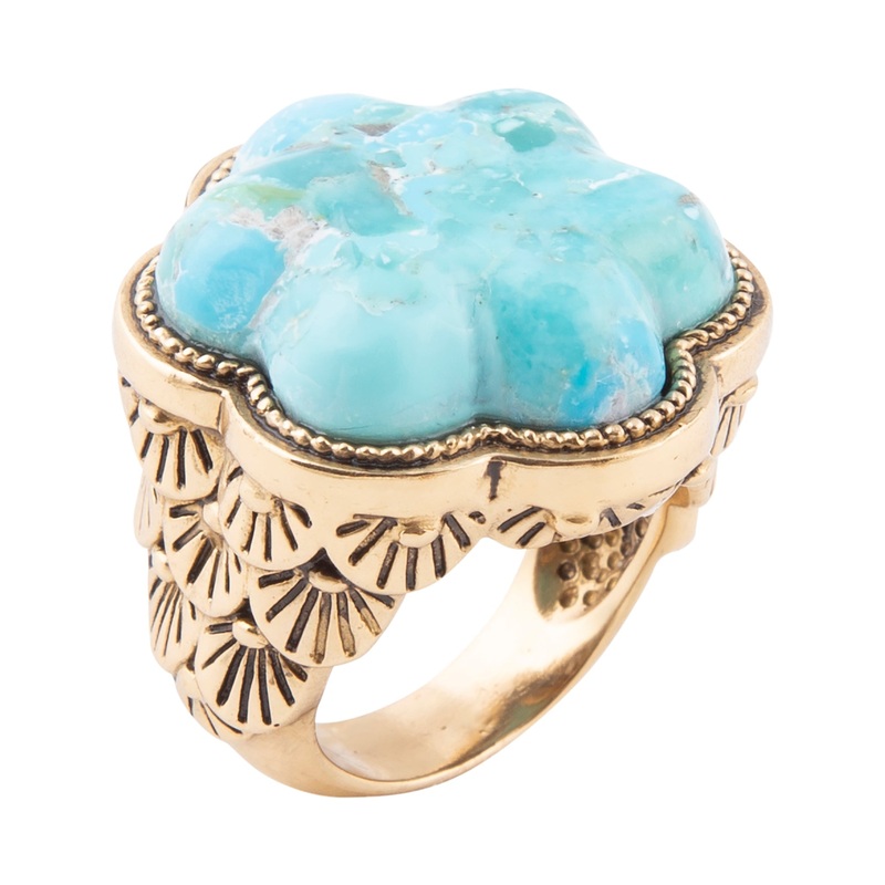 Blue Turquoise Flower Golden Ring 7