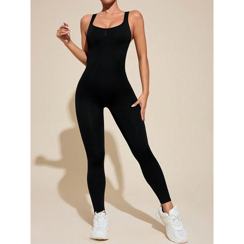 Cutout Wide Strap Active Jumpsuit Black S