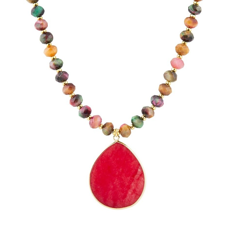 Jeweled Multicolor Tiger’s Eye and Pink Jade Pendant Golden Necklace