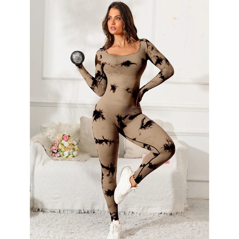 Scoop Neck Long Sleeve Active Jumpsuit Taupe S