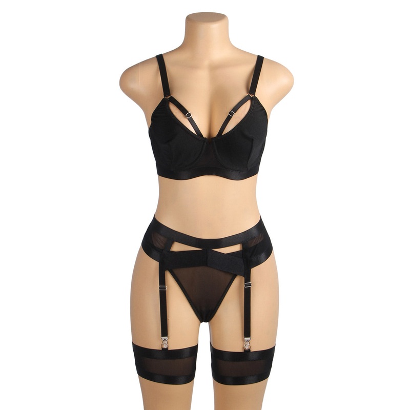 Bondage Bra and Garter Lingerie Black Small