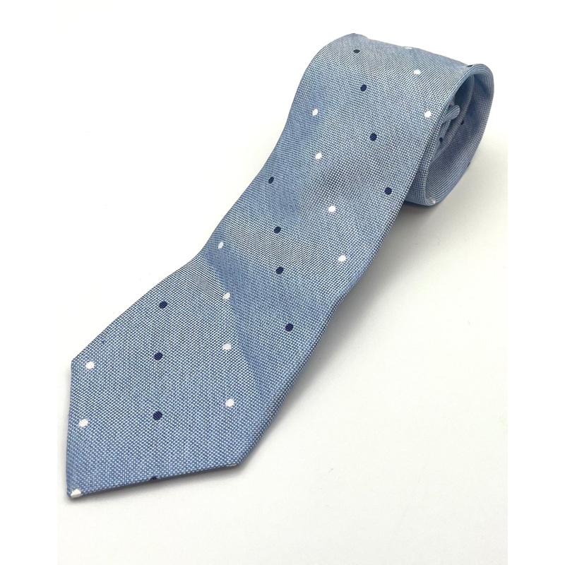 MENS Sky Blue Tie With Navy and White Polka Dots
