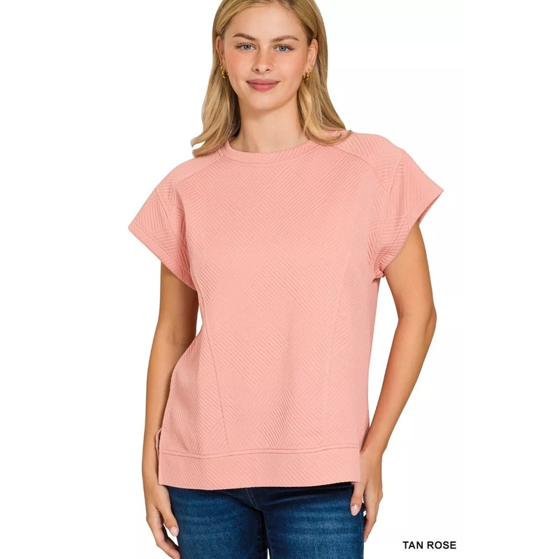 Zenana Textured Knit Jacquard Short Sleeve Top TAN ROSE S