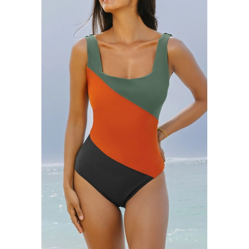 Color Block Padded Square Neck One Piece Swimsuit Multicolor S