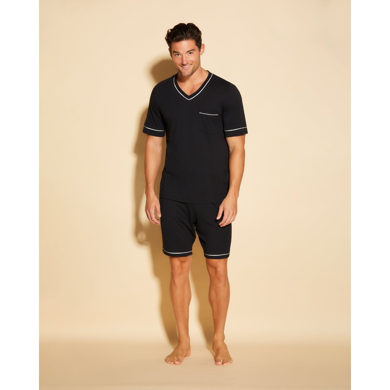 Men’s Short Sleeve Top & Shorts Pajama Set Black/Ivory S