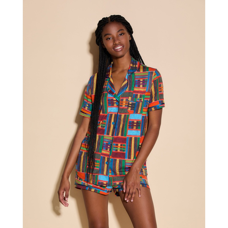 Short Sleeve Top & Boxer Pajama Set Kente XS