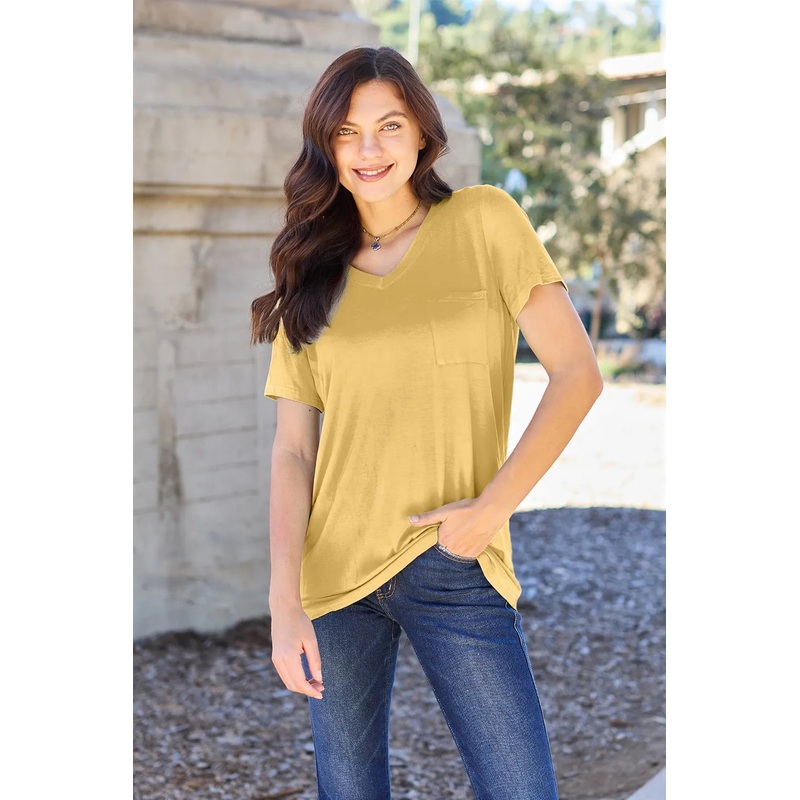 Basic Bae Bamboo Full Size  V-Neck Short Sleeve T-Shirt Yellow S