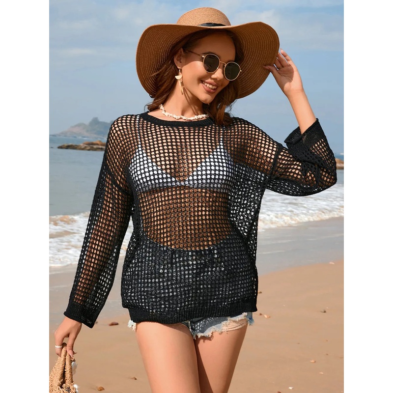 Openwork Dropped Shoulder Long Sleeve Cover-Up Black S