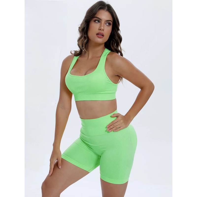 Scoop Neck Wide Strap Top and Shorts Active Set Neon Green S