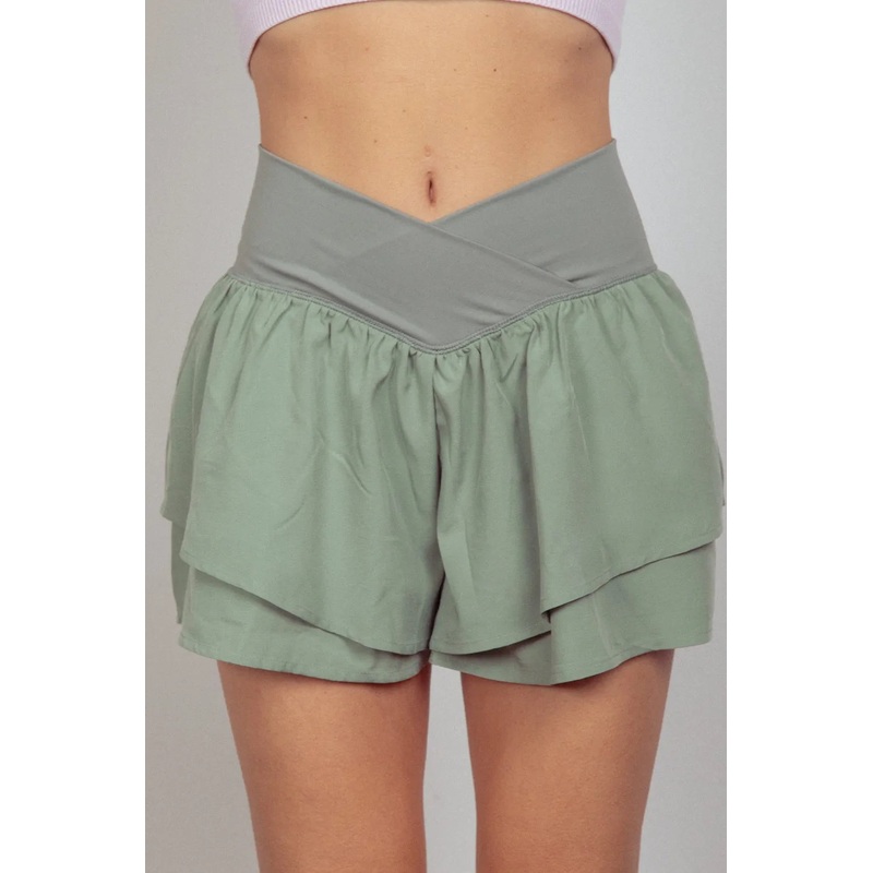 VERY J V-Shaped High Waist Layered Active Shorts Sage S