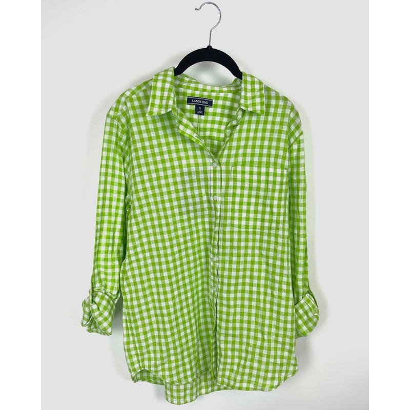 Green and White Long Sleeve Gingham Top – Small