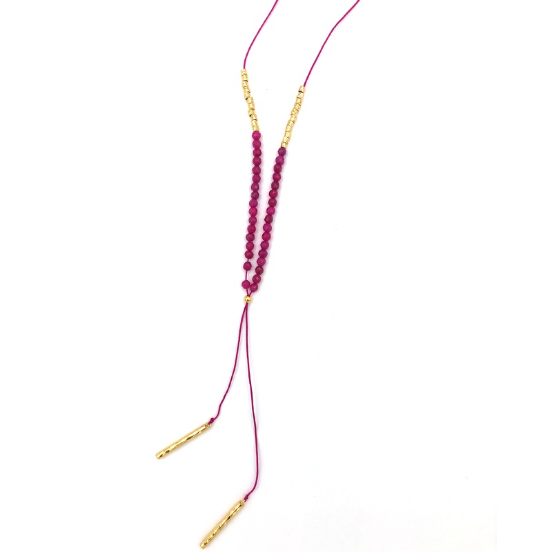 Pink String Necklace With Pink And Gold Beads