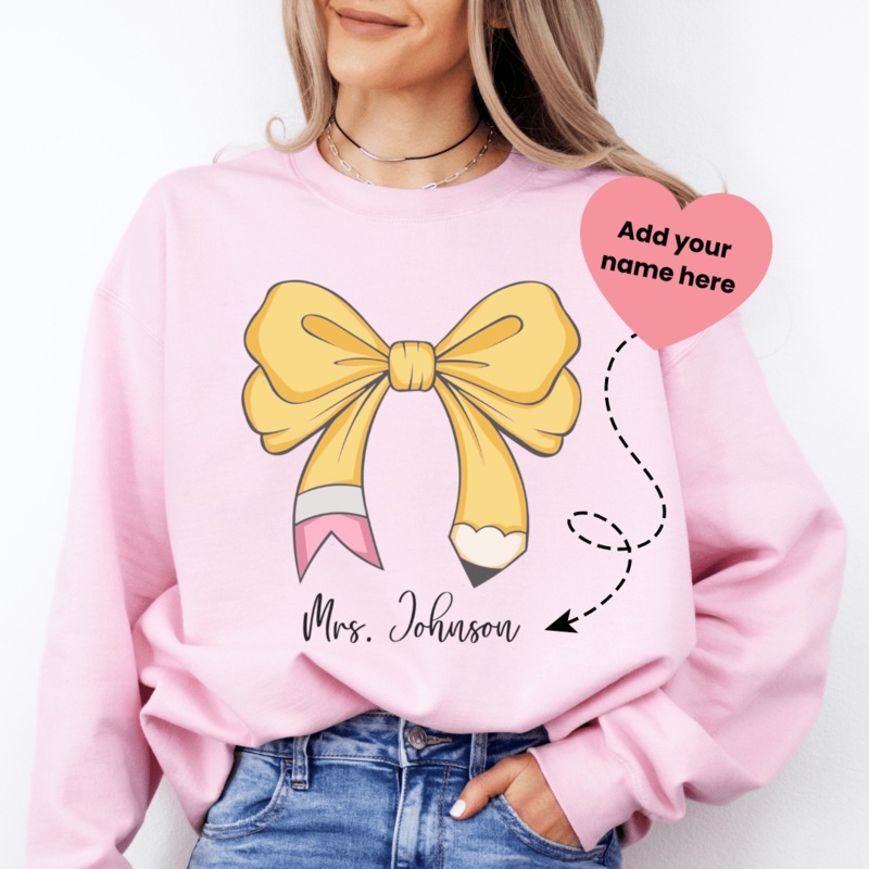 Teacher Personalized Bow Pencil Sweatshirt with Name Light Pink S