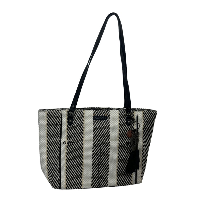 White and Black Striped Chevron Woven Tote